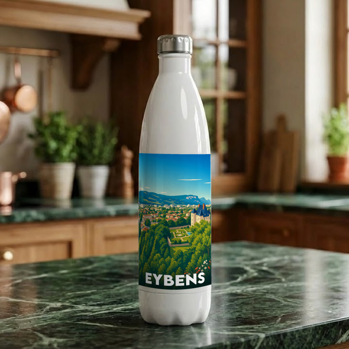 Gourde souvenir de la ville d'Eybens avec une illustration stylisée de son paysage et de son château.