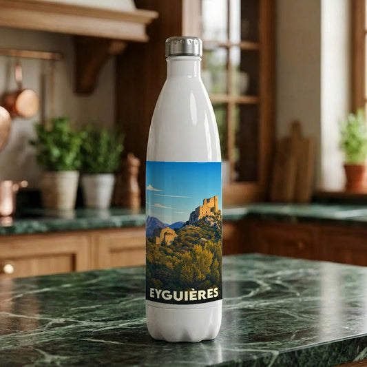 Gourde souvenir de la ville de Eyguières ornée d'une illustration de paysage provençal.