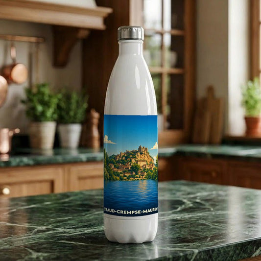 Gourde souvenir de la ville de Eyraud-Crempse-Maurens avec une illustration stylisée d'un village perché.