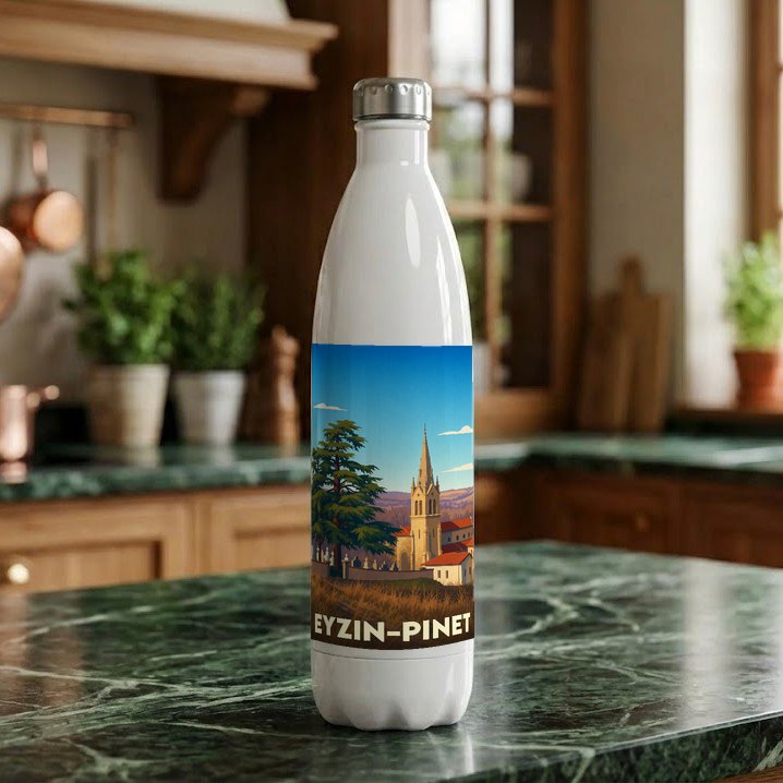 Gourde blanche souvenir de la ville de Eyzin-Pinet avec une illustration stylisée d'un paysage local.
