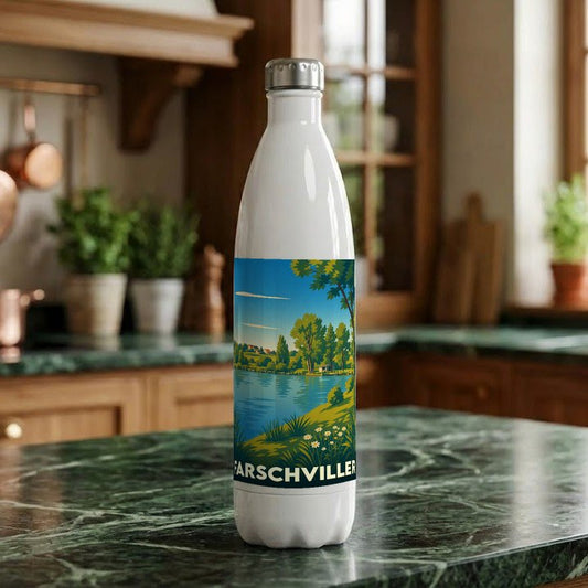 Gourde souvenir de la ville de Farschviller avec une illustration paysagère stylisée.