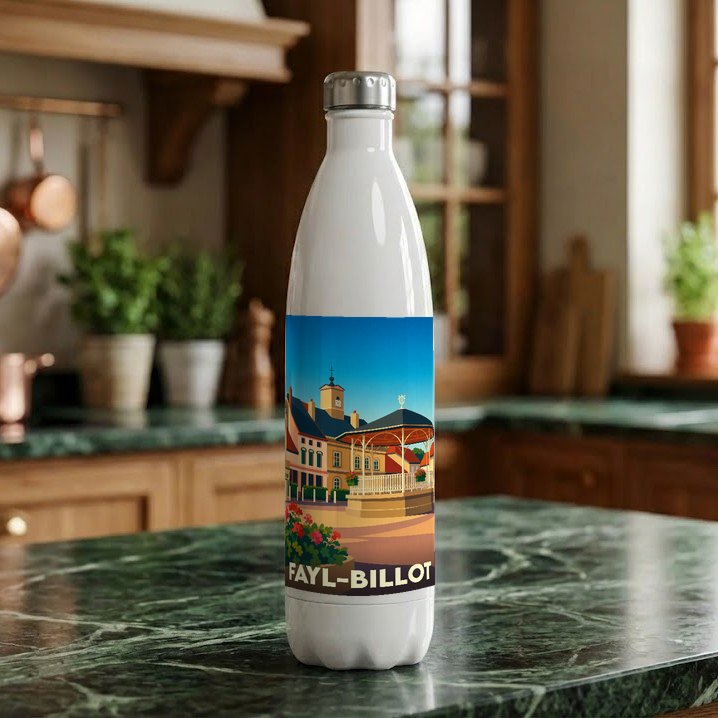 Gourde souvenir blanche de la ville de Fayl-Billot ornée d'une illustration stylisée de sa place principale.