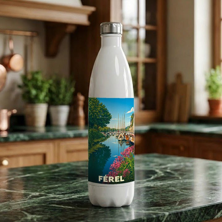 Gourde souvenir de la ville de Férel ornée d'une illustration stylisée de son port fluvial.