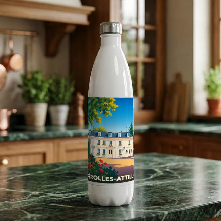 Gourde souvenir de la ville de Férolles-Attilly avec une illustration stylisée d'une demeure bourgeoise.