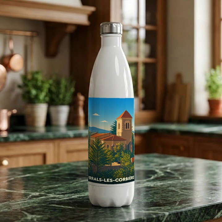 Gourde blanche souvenir de Ferrals-les-Corbières avec une illustration stylisée d'un paysage provençal.