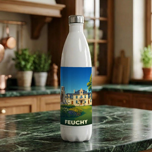 Gourde souvenir de la ville de Feuchy avec une illustration stylisée de sa mairie.