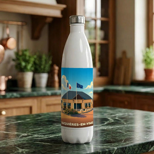 Gourde souvenir de la ville de Feuquières-en-Vimeu avec une illustration stylisée de sa mairie.