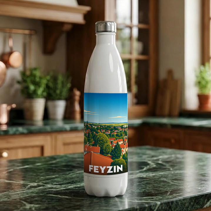Gourde souvenir de la ville de Feyzin avec une illustration stylisée de son paysage urbain.
