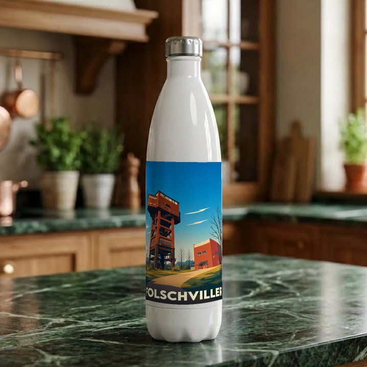 Gourde blanche souvenir de la ville de Folschviller avec une illustration stylisée de son puits de mine.