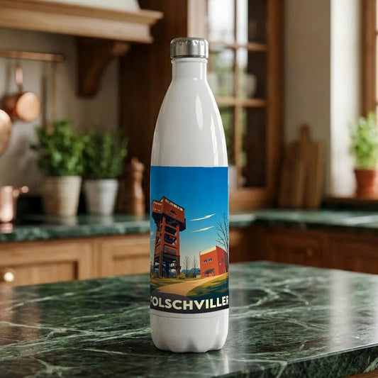 Gourde blanche souvenir de la ville de Folschviller avec une illustration stylisée de son puits de mine.