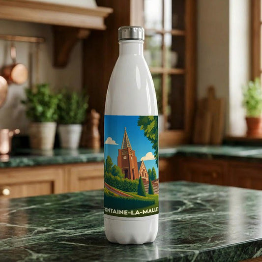 Gourde souvenir de Fontaine-la-Mallet avec une illustration stylisée de son église.