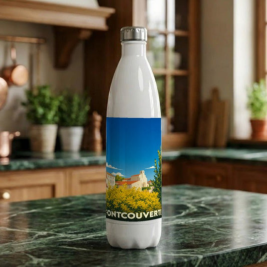 Gourde souvenir de la ville de Fontcouverte avec une illustration stylisée.