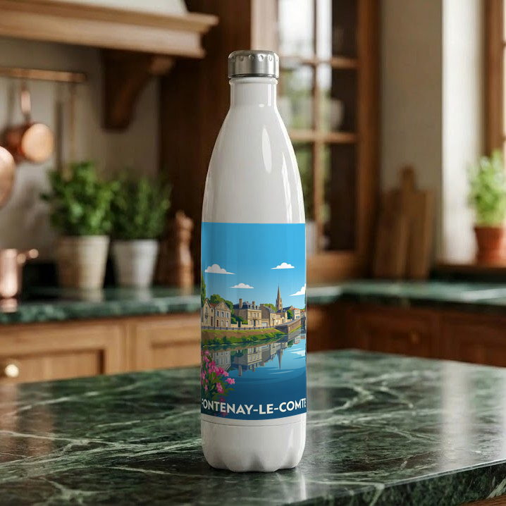 Gourde souvenir de la ville de Fontenay-le-Comte avec une illustration stylisée.