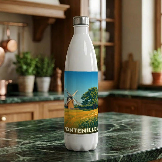 Gourde souvenir de la ville de Fontenilles ornée d'une illustration stylisée d'un moulin.