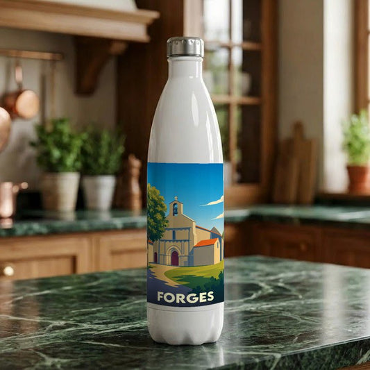Gourde souvenir de la ville de Forges avec une illustration stylisée de son église.
