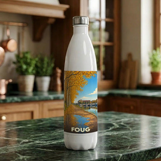 Gourde souvenir de la ville de Foug avec une illustration automnale stylisée.