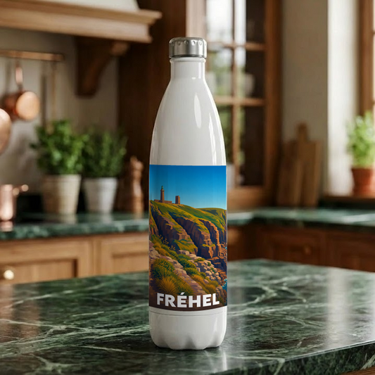 Gourde souvenir de la ville de Fréhel avec une illustration stylisée.