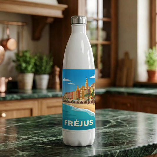 Gourde souvenir de la ville de Fréjus avec une illustration stylisée de son front de mer.