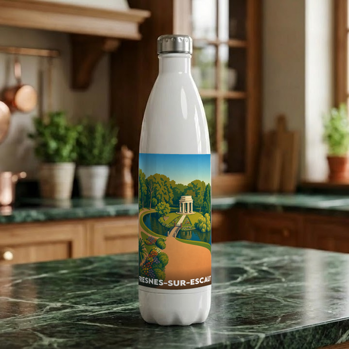 Gourde blanche souvenir de Fresnes-sur-Escaut illustrée d'un parc paysager et d'un pavillon classique.