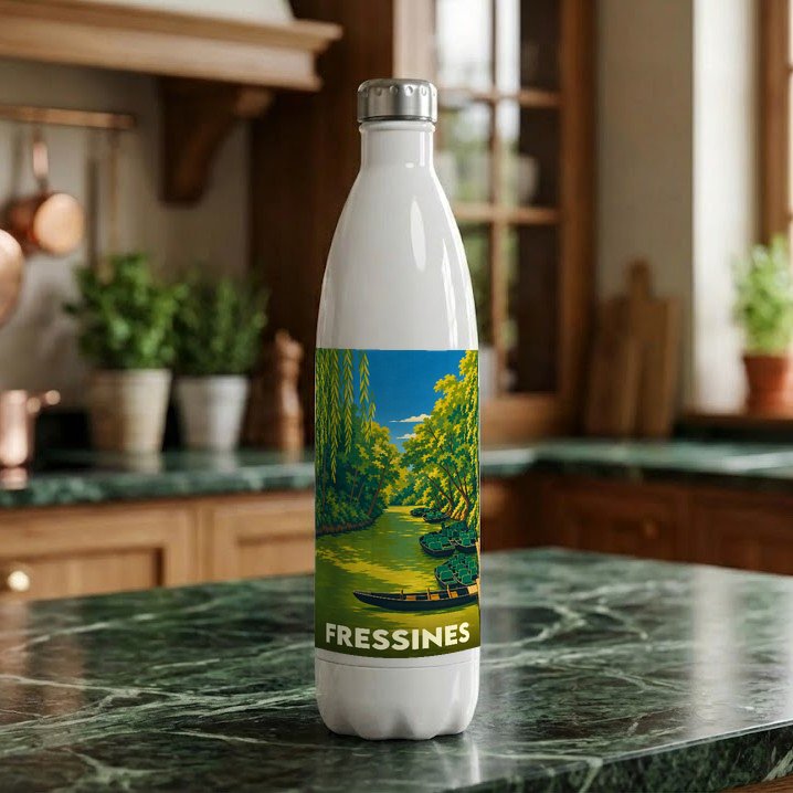 Gourde souvenir de la ville de Fressines avec une illustration stylisée d'un cours d'eau boisé.