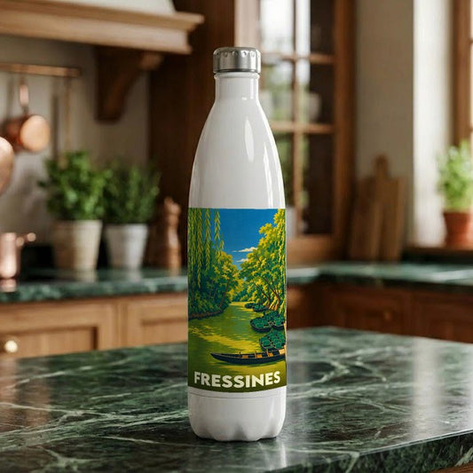Gourde souvenir de la ville de Fressines avec une illustration stylisée d'un cours d'eau boisé.