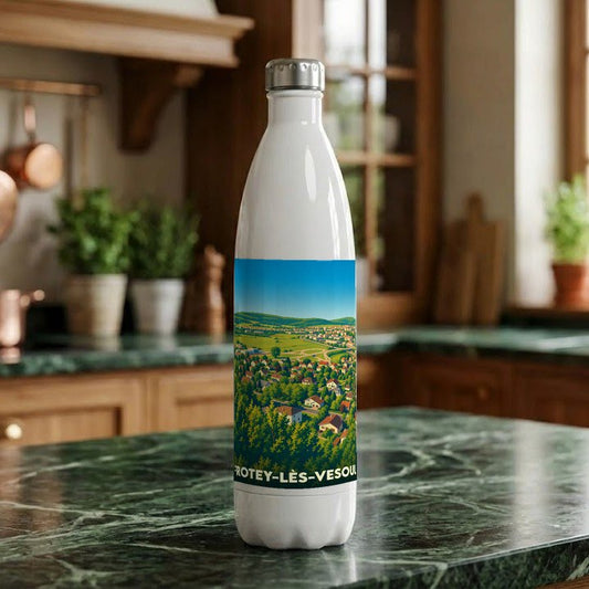 Gourde souvenir de la ville de Frotey-lès-Vesoul avec une illustration stylisée de son paysage urbain.