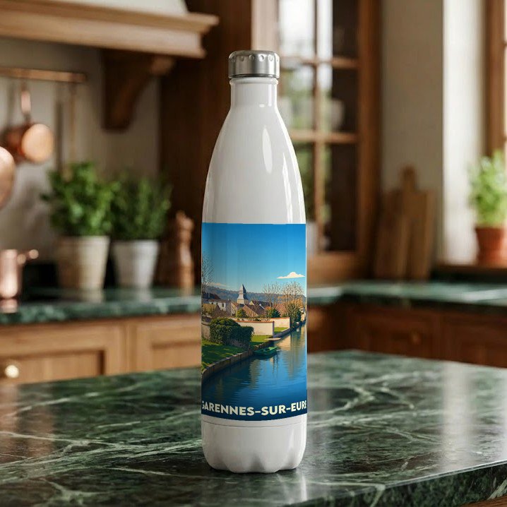 Gourde souvenir de la ville de Garennes-sur-Eure ornée d'une illustration stylisée de ses bords de l'Eure.