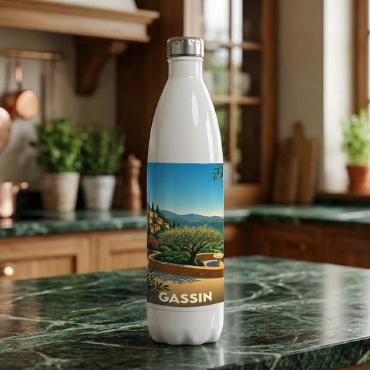 Gourde souvenir de la ville de Gassin ornée d'une illustration paysagère stylisée.