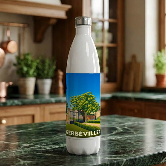 Gourde blanche souvenir de la ville de Gerbéviller avec une illustration stylisée d'un parc arboré.