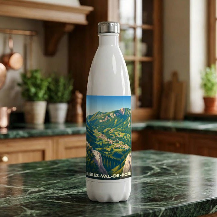 Gourde souvenir de la ville de Glières-Val-de-Borne avec une illustration de paysage montagneux stylisée.