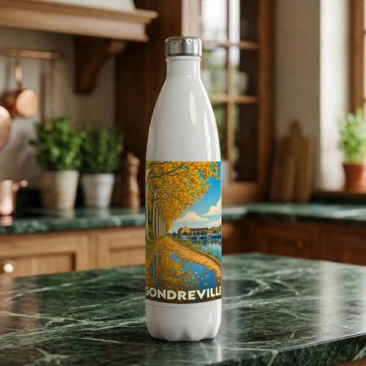 Gourde blanche souvenir de la ville de Gondreville ornée d'une illustration automnale stylisée.