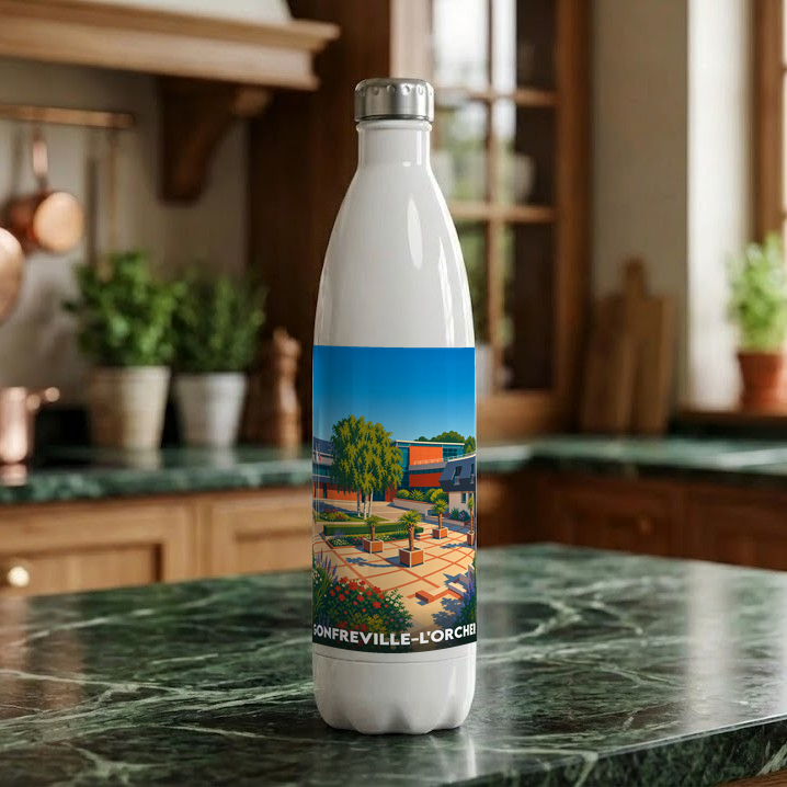 Gourde souvenir de la ville de Gonfreville-l'Orcher avec une illustration stylisée de son paysage urbain.