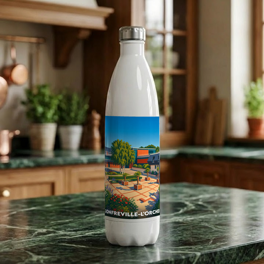 Gourde souvenir de la ville de Gonfreville-l'Orcher avec une illustration stylisée de son paysage urbain.