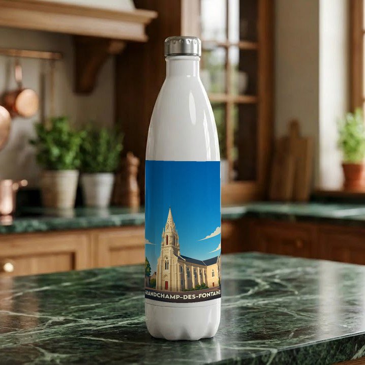 Gourde souvenir de la ville de Grandchamp-des-Fontaines avec une illustration stylisée de son église.
