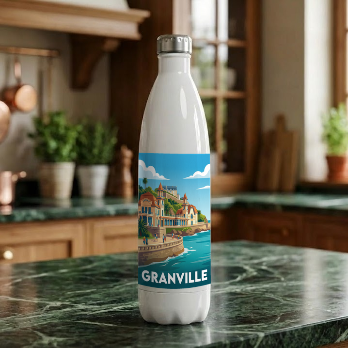 Gourde souvenir de la ville de Granville avec une illustration stylisée.
