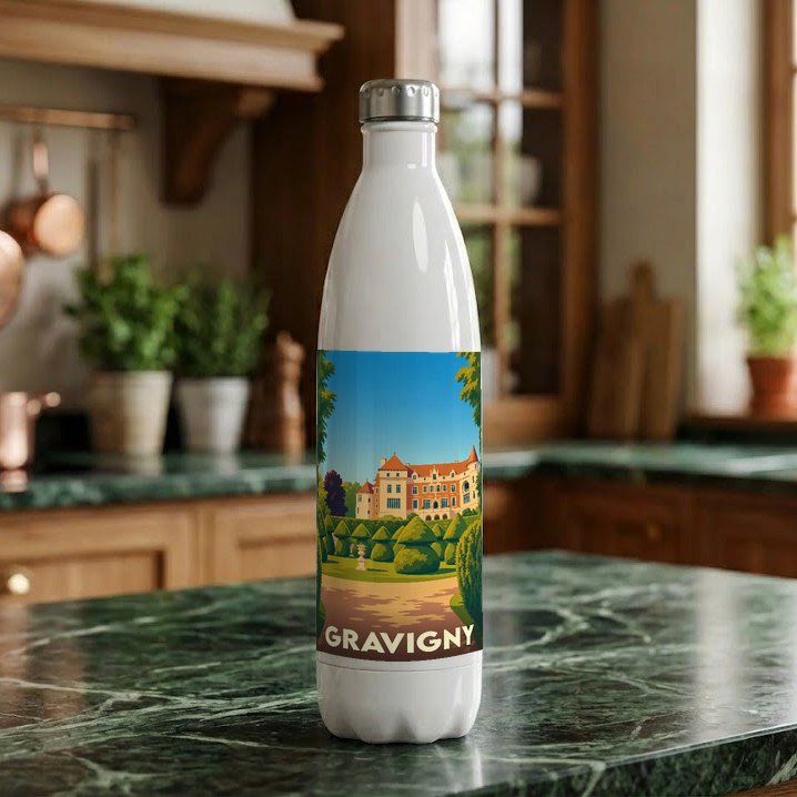 Gourde souvenir de la ville de Gravigny ornée d'une illustration stylisée d'un château et de ses jardins.
