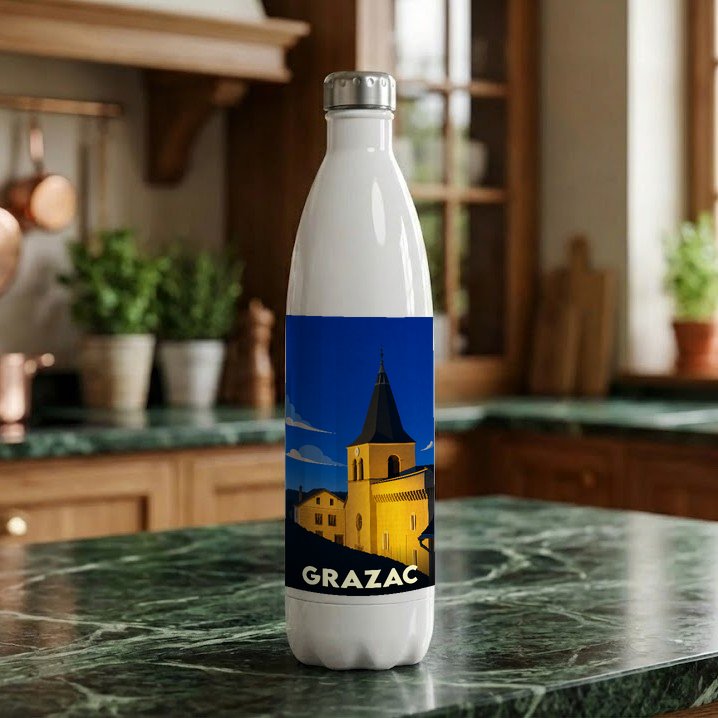Gourde souvenir de la ville de Grazac ornée d'une illustration stylisée de son église sous un ciel étoilé.