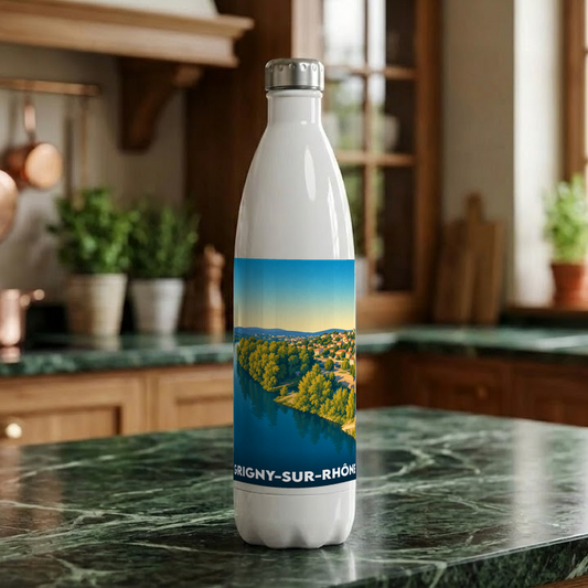 Gourde blanche souvenir de la ville de Grigny-sur-Rhône avec une illustration paysagère stylisée.