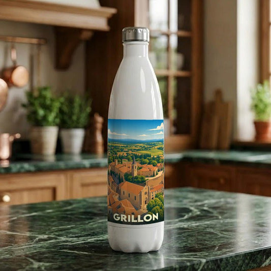 Gourde souvenir de la ville de Grillon ornée d'une illustration stylisée de son paysage provençal.