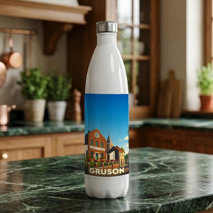 Gourde souvenir de la ville de Gruson avec une illustration stylisée.