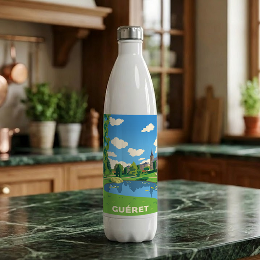 Gourde souvenir de la ville de Guéret avec une illustration stylisée d'un paysage.