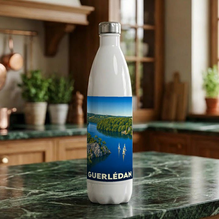 Gourde souvenir de la ville de Guerlédan avec une illustration stylisée de son lac.