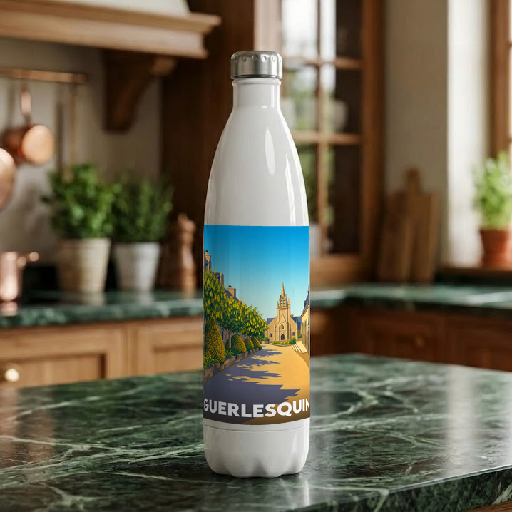 Gourde souvenir de la ville de Guerlesquin avec une illustration stylisée.