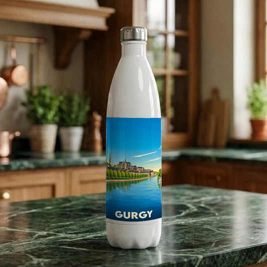 Gourde souvenir de la ville de Gurgy ornée d'une illustration stylisée de ses bords de rivière.