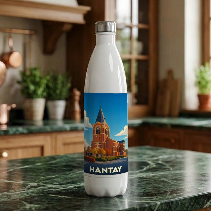 Gourde souvenir de la ville de Hantay avec une illustration stylisée de son église.