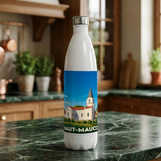 Gourde souvenir de la ville de Haut-Mauco avec une illustration stylisée de son église.