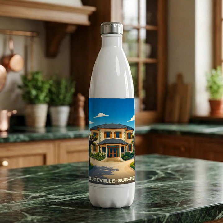 Gourde souvenir de la ville de Hauteville-sur-Fier avec une illustration stylisée.