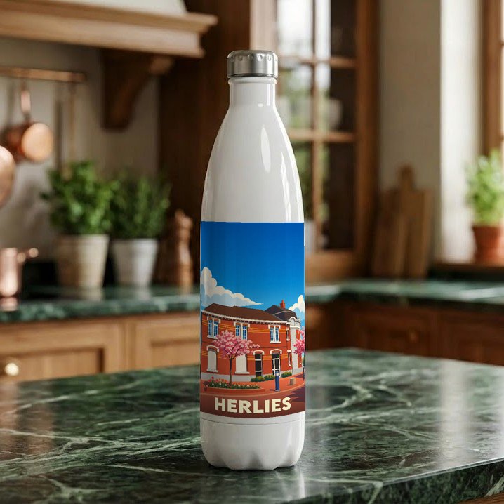 Gourde souvenir de la ville de Herlies ornée d'une illustration stylisée.