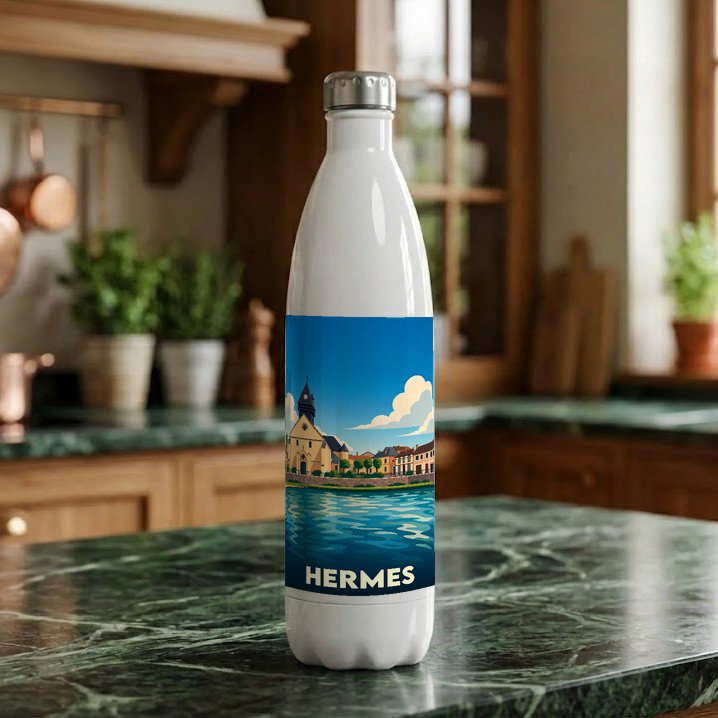 Gourde souvenir de la ville de Hermes avec une illustration stylisée.
