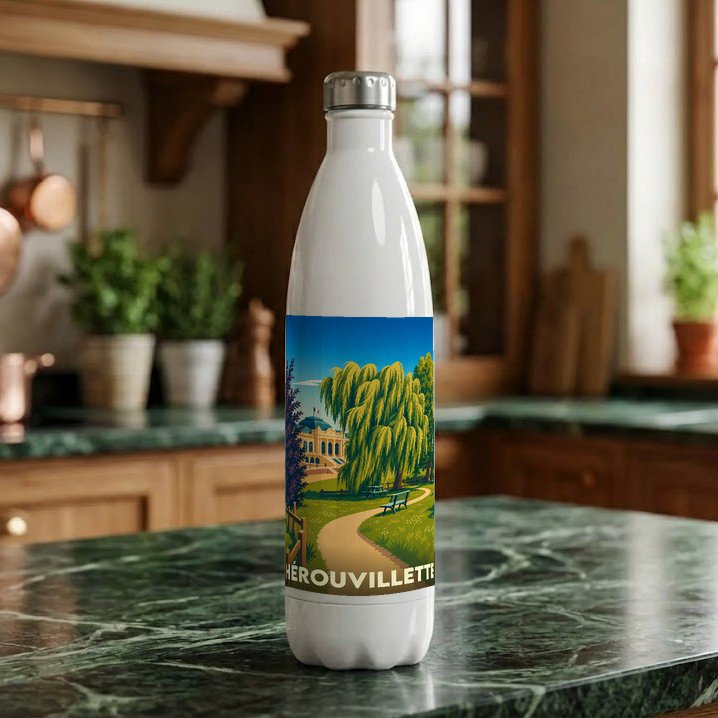 Gourde souvenir de la ville de Hérouvillette avec une illustration stylisée d'un parc.